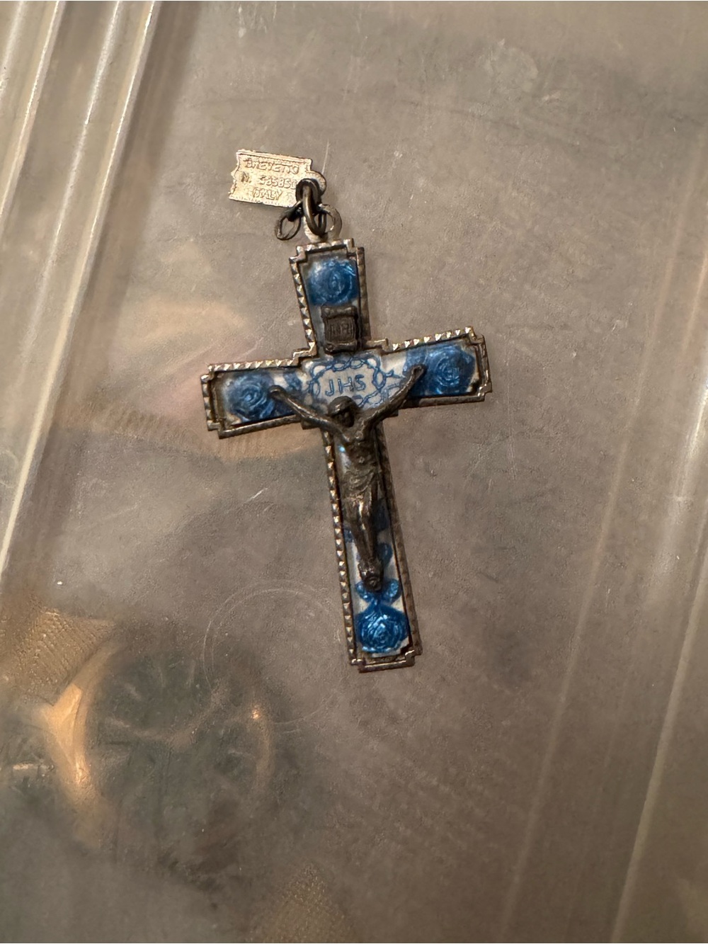 Vintage Brevetto Italy Blue Rose Enamel Crucifix Pendant (Patent No. 585350)